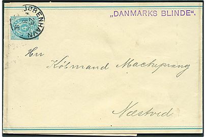4 øre helsagskorsbånd med liniestempel Danmarks Blinde annulleret med lapidar Kjøbenhavn d. 29.8.1891 til Næstved.