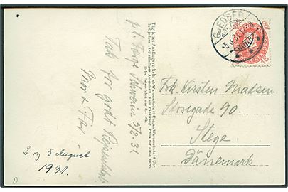 15 øre Chr. X 60 år på brevkort (Færgen Schwerin) annulleret med brotype Ic Gjedser d. 5.8.1931 til Stege.