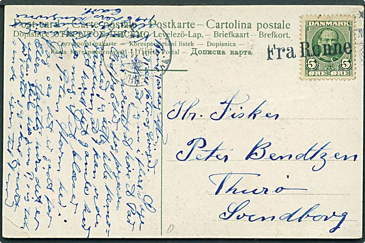 5 øre Fr. VIII på brevkort annulleret med skibsstempel Fra Rønne og sidestemplet Kjøbenhavn d. 11.10.1907 til Hhurø pr. Svendborg.