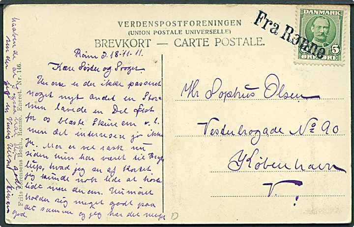 5 øre Fr. VIII på brevkort dateret Rønne d. 18.11.1911 annulleret med skibsstempel Fra Rønne til København.