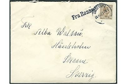 20 øre Chr. X på brev annulleret Kjøbenhavn d. 20.11.1922 og sidestemplet Fra Rønne til Hässleholm, Sverige.