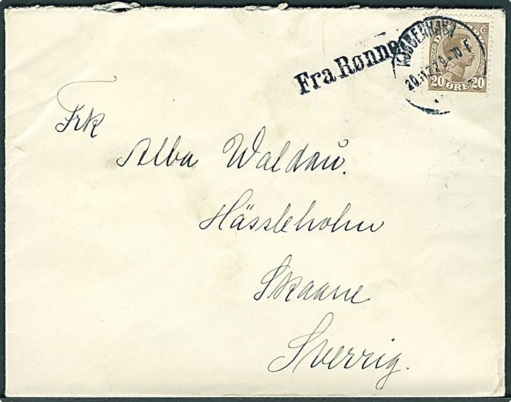 20 øre Chr. X på brev annulleret Kjøbenhavn d. 20.11.1922 og sidestemplet Fra Rønne til Hässleholm, Sverige.