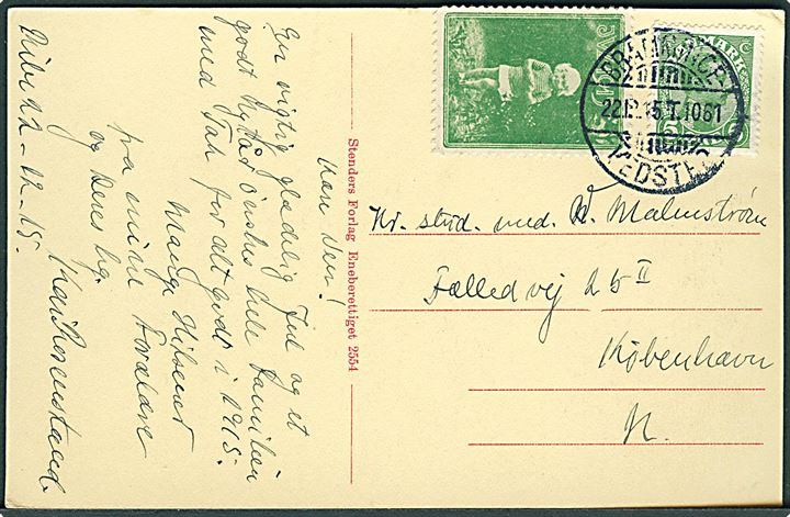 5 øre Chr. X og Julemærke 1915 på brevkort fra Ribe annulleret med bureaustempel Bramminge - Vedsted T.1061 d. 22.12.1915 til København.