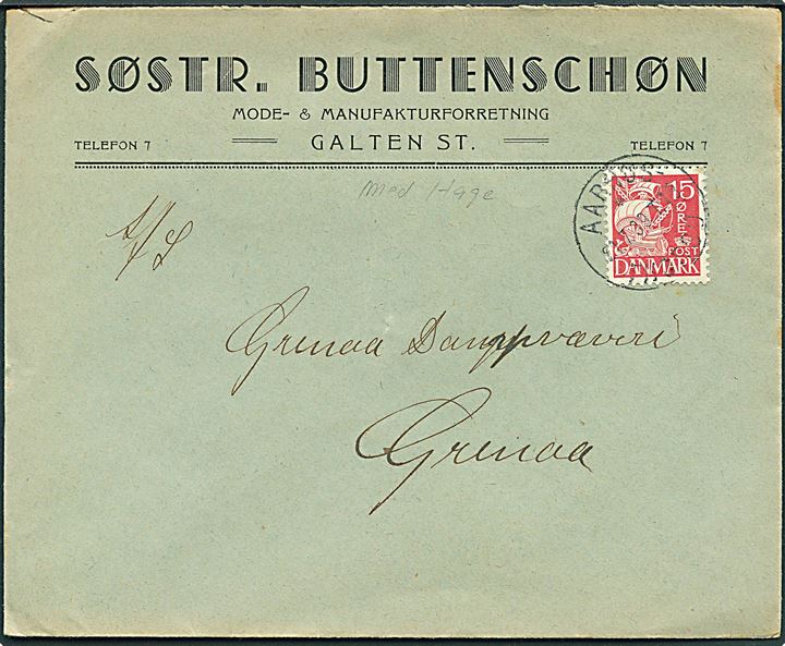 15 øre Karavel på brev fra Galten annulleret med bureaustempel Aarhus - Thorsø T.13 d. 21.7.1939 til Grenaa.