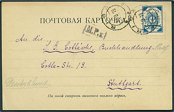 10 kap. Soltegning utakket på brevkort fra Riga d. 13.9.1919 til Stuttgart, Tyskland. Censureret i Königsberg.