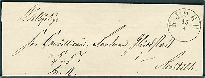 1868. Ufrankeret tjenestebrev mærket K.T.m.A. med antiqua Kjøge d. 15.1.1868 til Cancelliraad Raadmand Glückstadt i Roskilde.