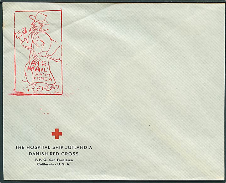 Fortrykt luftpostkuvert fra Hospitalsskibet Jutlandia under Koreakrigen med stort rødt luftpoststempel Air Mail from Korea. Ubrugt.
