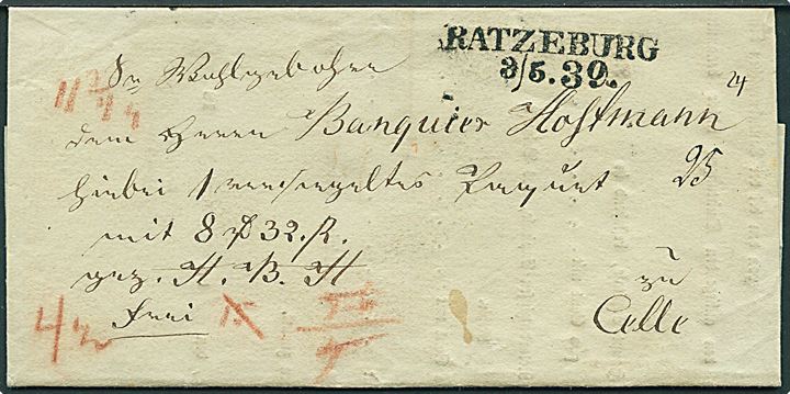 1839. Pengebrev med liniestempel Ratzeburg d. 3.5.1839 til Celle. Mange påtegninger. Lukket med 2 forskellige segl. Fuldt indhold.