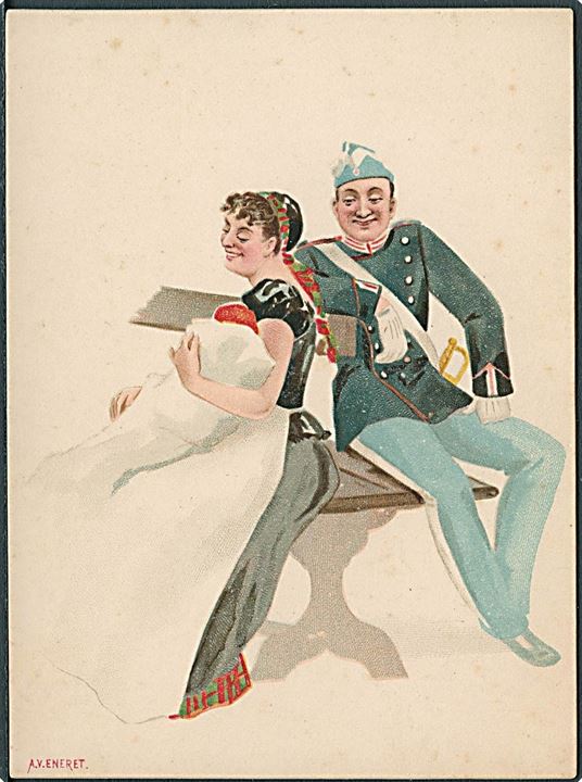 “Soldaten flørter med kvinde”. Kartonkort. Ukendt kunstner. A. Vincent u/no. (8,5 x 11,5 cm.) Kvalitet 7