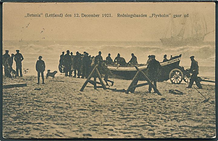 “Flyvholm”, går ud til strandet lettisk sejlskib “Betania” ved Vrist d. 12.12.1921. Harboøre Papirlager 6802 22. Kvalitet 7
