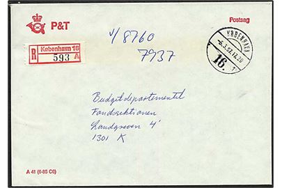 Ufrankeret anbefalet postsagskuvert formular A41 (6-85 C6) fra København 16 d. 6.3.1987