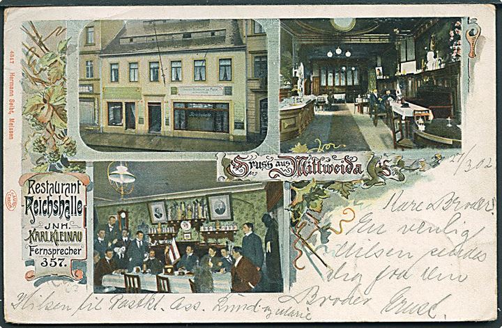 Tyskland, Mittweida. “Gruss aus” med Restaurant “Reichshalle”. H. Seibt no. 4817. Kvalitet 7