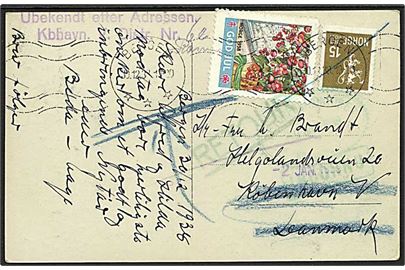 15 øre Løve og Julemærke 1938 på brevkort stemplet Bergen d. 30.12.1938 til København. Retur med stempel Ubekendt efter Adressen og Returpostkontoret d. 9.1.1939.