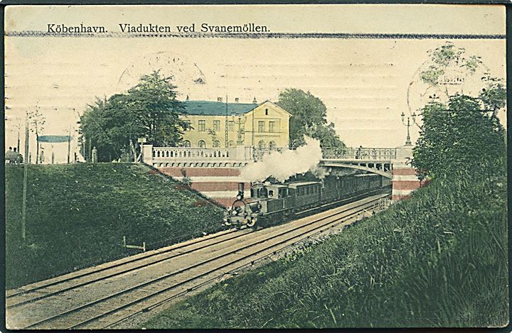 Købh., viadukten ved Svanemøllen med damptog. Nathansohn no. 517. Kvalitet 7