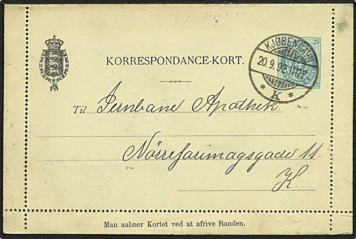 4 øre korrespondancekort med fuld rand med tidligt brotype Ia stempel Kjøbenhavn K. d. 20.9.1892 sendt lokalt i København. Indeholder meddelelse om gods ank. med skibet Diana.