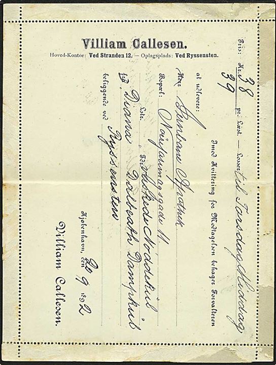 4 øre korrespondancekort med fuld rand med tidligt brotype Ia stempel Kjøbenhavn K. d. 20.9.1892 sendt lokalt i København. Indeholder meddelelse om gods ank. med skibet Diana.