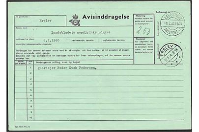 Avisindragelse Bet. 53 (1-59 A5) stemplet København Avispost d. 9.2.1960 til Erslev.