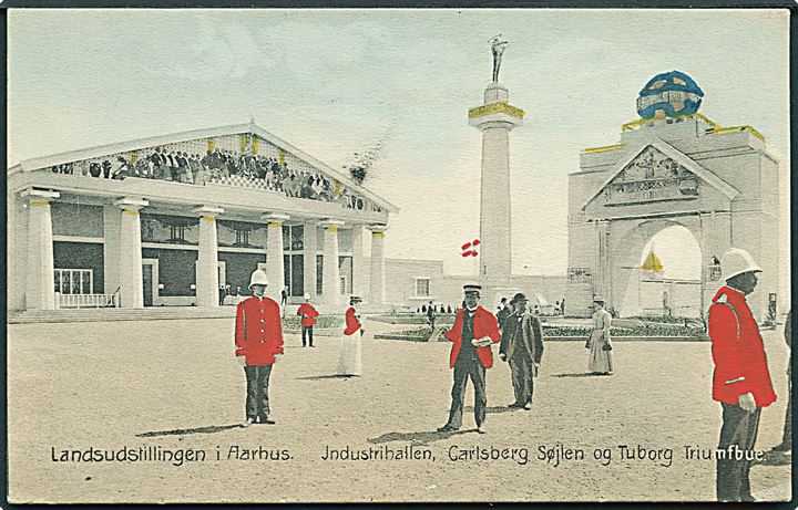Aarhus, Landsudstilling med Industrihallen, Carlsberg Søjlen og Tuborg Triumfbue. Stenders no. 18114. Kvalitet 9