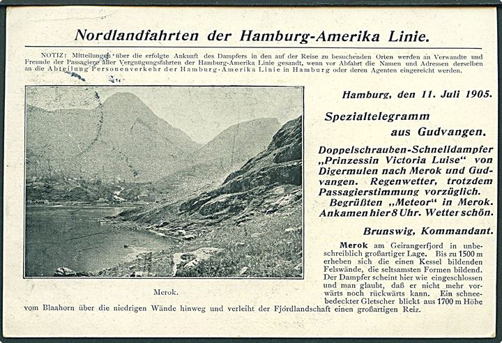 Gudvangen, Hamburg-Amerika Linie telegram hilsen fra S/S “Prinzessin Victoria Louise” på Nordlandsfart 1905. Kvalitet 7