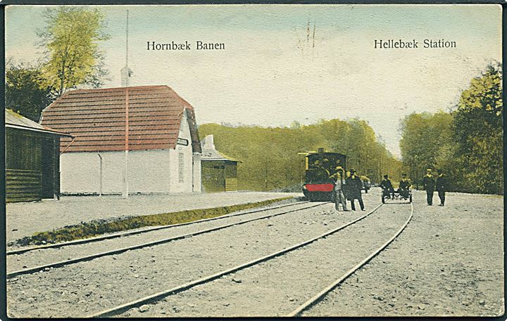 Hellebæk, station på Hornbækbanen med damptog. Knud Nielsen u/no. Kvalitet 7