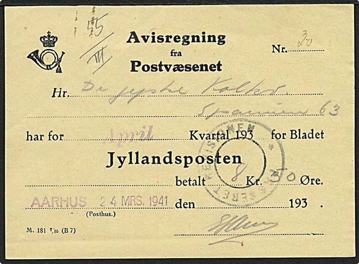Avisregning fra Postvæsnet M.181 7/35 (B7) fra Aarhus d. 24.3.1941.