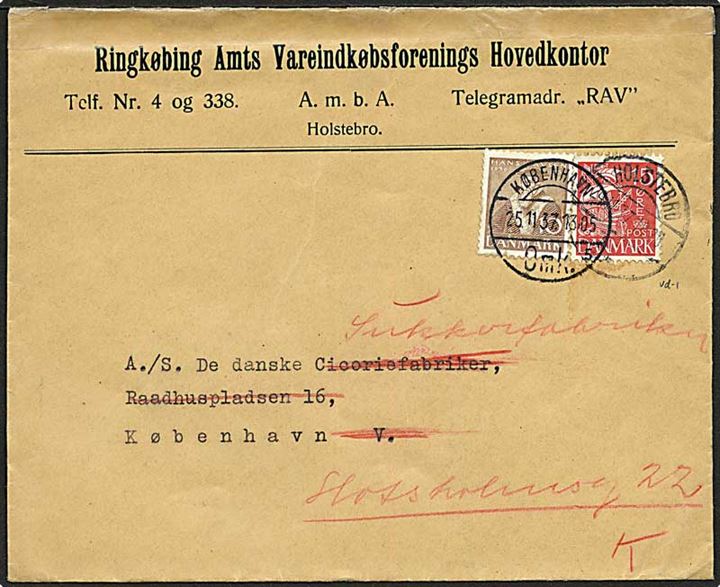15 øre Karavel på brev fra Holstebro d. 24.11.1937 til København. Privat omadresseret, opfrankeret med 10 øre Tavsen og eftersendt som lokalbrev i København d. 25.11.1937.