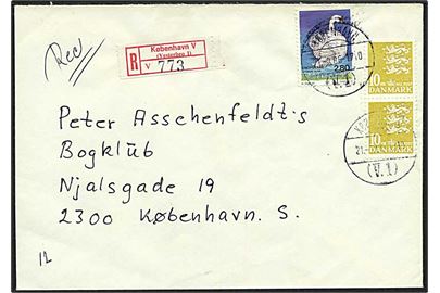 10 kr. Rigsvåben i parstykke og 2,80 kr. Knopsvane på anbefalet brev annulleret med parantes-stempel København (V.1) d. 21.8.1986 til København.