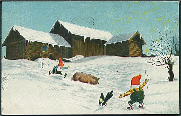 Gran, Halfdan: “Nisser jagter gris”. Prospekt u/no. Med Julemærke 1923. Kvalitet 8