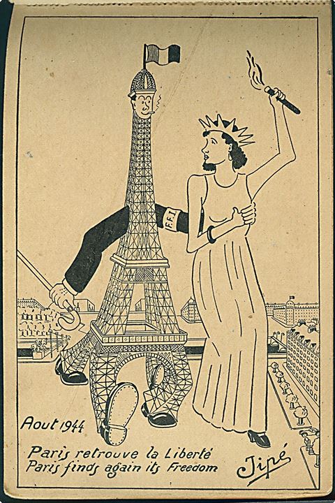 Verdenskrig 2. Libération “44” af Jipé. Hæfte med 8 satiriske postkort (1 kort mgl). Jipé no. 102-109. Kvalitet 7