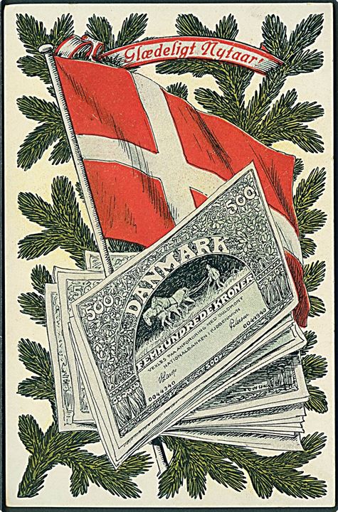 Penge. Jul & nytårskort. Stenders no. 95086. “Fem hundrede kroner”. Kvalitet 8