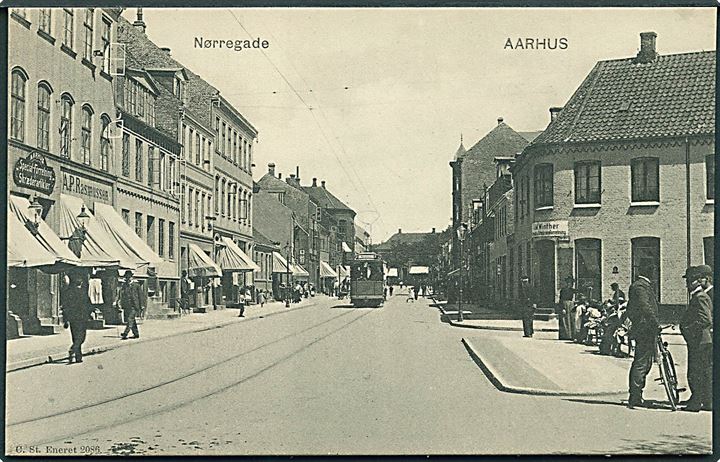 Aarhus, Nørregade med sporvogn nr. “20”. Stenders no. 2086. Kvalitet 9