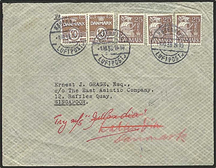 10 øre Bølgelinie og 25 øre Karavel på 95 øre frankeret luftpostbrev stemplet København Luftpost sn3 d. 4.10.1938 via Berlin til Singapore.