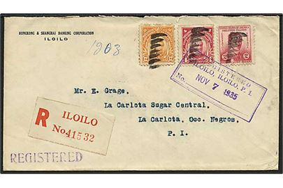 20 c. blandingsfrankeret anbefalet brev fra Iloilo d. 7.11.1935 til La Carlota.