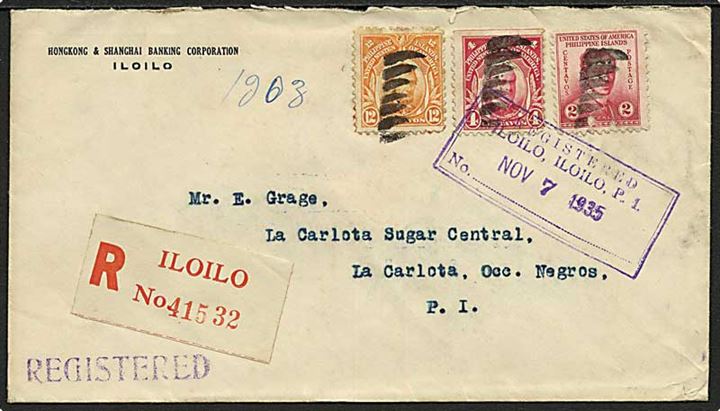 20 c. blandingsfrankeret anbefalet brev fra Iloilo d. 7.11.1935 til La Carlota.