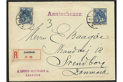 12½ c. (2) Wilhelmina på anbefalet brev fra Zaandam d. 10.4.1917 til Svendborg, Danmark.
