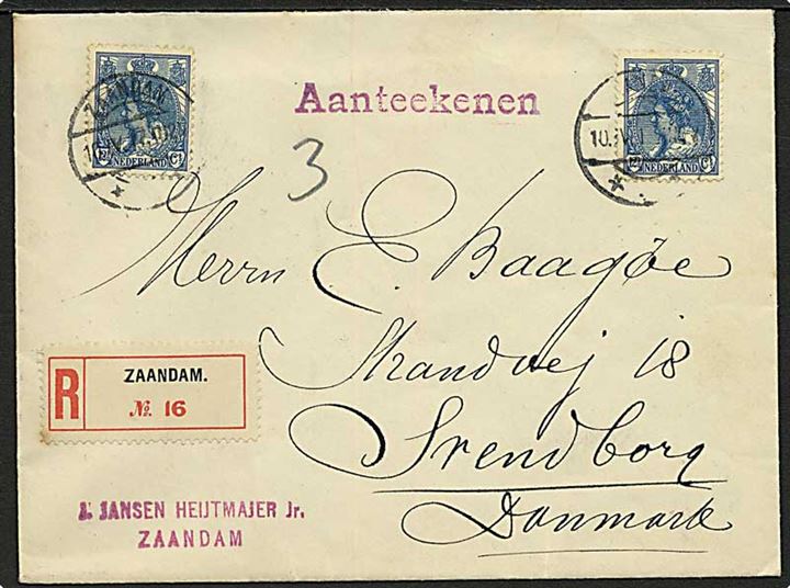 12½ c. (2) Wilhelmina på anbefalet brev fra Zaandam d. 10.4.1917 til Svendborg, Danmark.