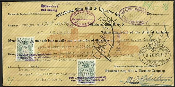 Amerikansk bank-kuvert fra Oklahoma d. 24.10.1929 via First National Bank i St. Louis til Svendborg. Påsat to stk. 75 øre Stempelmærker med perfin LB (Landmandsbanken) annulleret med 3-liniestempel Den Danske Landmandsbank / Hypotek- og Vekselbank / Aktieselskab.