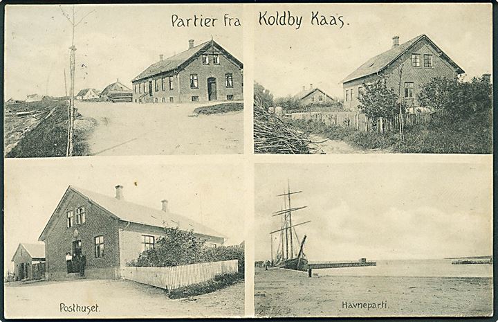 Koldby Kaas, partier med posthuset og havnen. F. Petersen no. 21838. Kvalitet 8