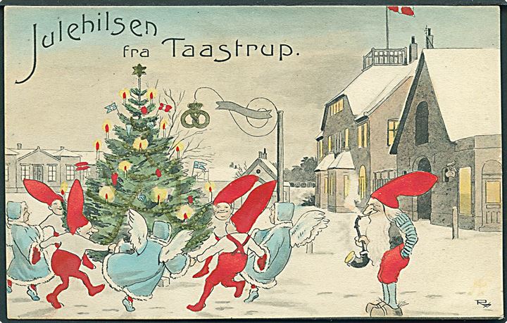 Taastrup, “Julehilsen fra” med nisser i bybilledet af Carl Røgind. C. Nielsen no. 16584. Kvalitet 8