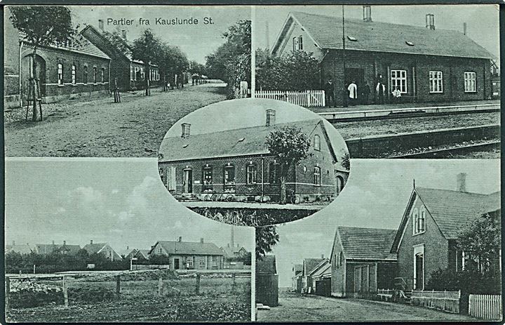 Kauslunde, partier med bl.a. jernbanestationen. F. Petersen no.575. Blå nuance. Kvalitet 7