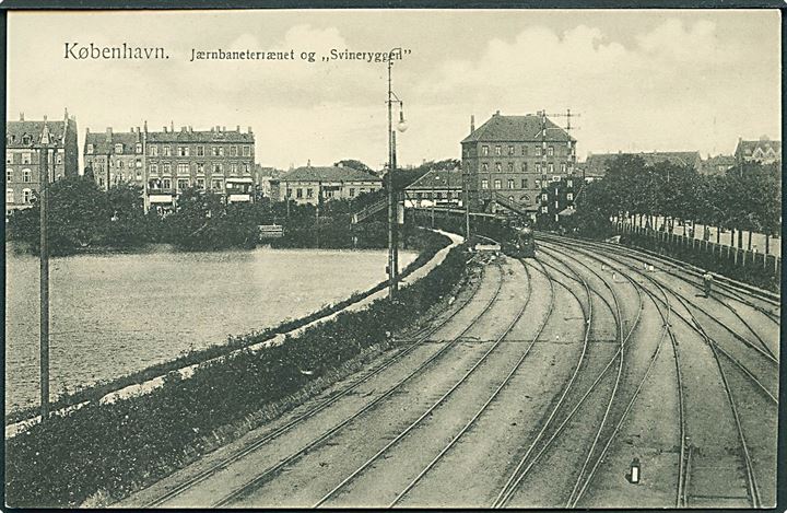 Købh., jernbaneterræn og “Svineryggen” med damptog. Fritz Benzen no. 84. Kvalitet 8