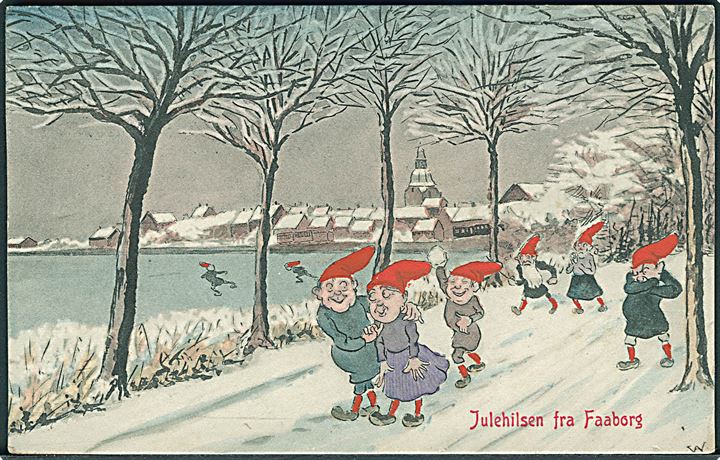 Faaborg, “Julehilsen fra” med nisser i bybilledet. Tegnet af Valdemar Vaaben. Warburg u/no. Lidt løs. Kvalitet 6