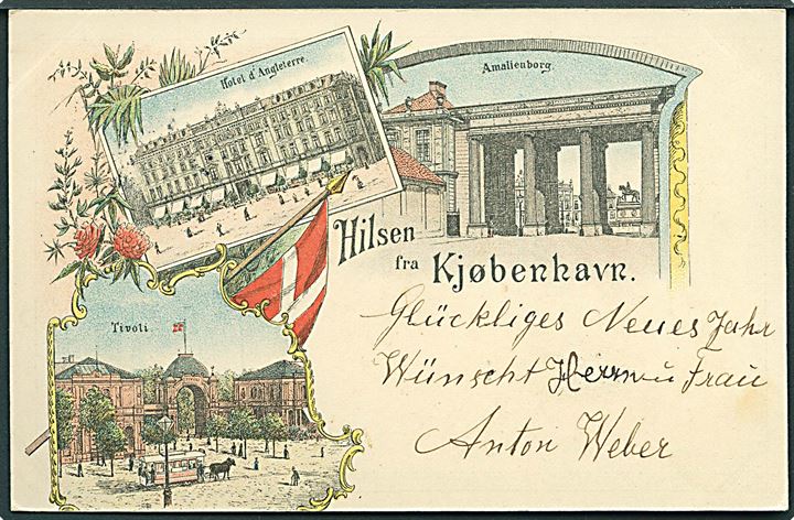 Købh., “Hilsen fra” med Amalienborg, Tivoli og Hotel d’Angleterre. U/no. Kvalitet 7