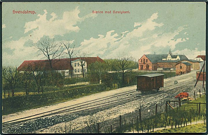 Svendstrup station og gæstgiveri med togvogn. Th. Lau no. 1109. Kvalitet 8