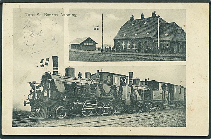 Taps, station og pyntet damptog ved Kolding Sydbanes åbning d. 29.11.1911. J. Jensen u/no. Kvalitet 7