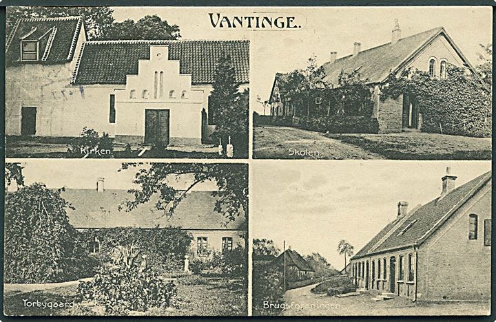 Vantinge, partier fra med kirke, skole, brugsforening og Torbygaard. H. Schmidt no. 27036. Kvalitet 8