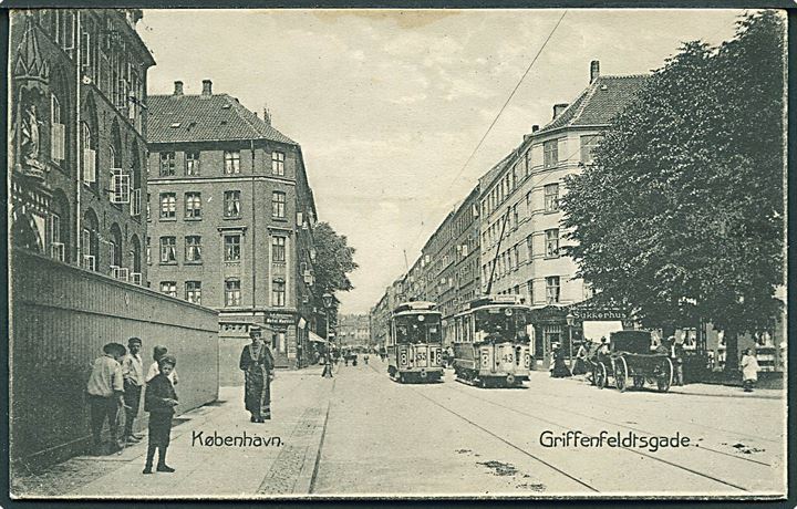 Købh., Griffenfeldtsgade med sporvogne linie 8 nr. 55 og 43. Stenders no. 3868. Kvalitet 7