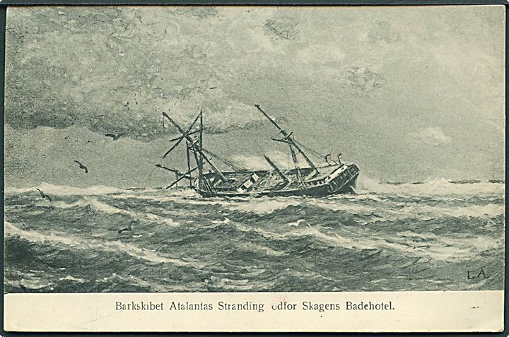 “Atalanta”, barkskib strandet ved Skagen. Efter maleri signeret “L.A.”. J. Hauerslev u/no. Kvalitet 7