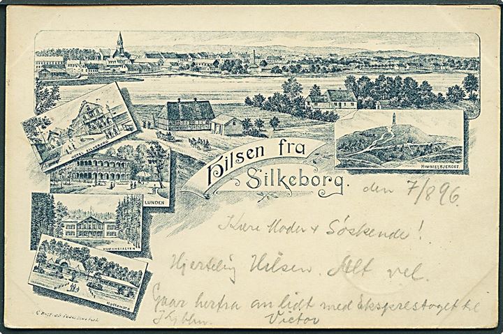 Silkeborg, “Hilsen fra” med Hotel, Lunden, Kuranstalt og Hattenæs. C. Kostrup (?) Petersen u/no. Kvalitet 8