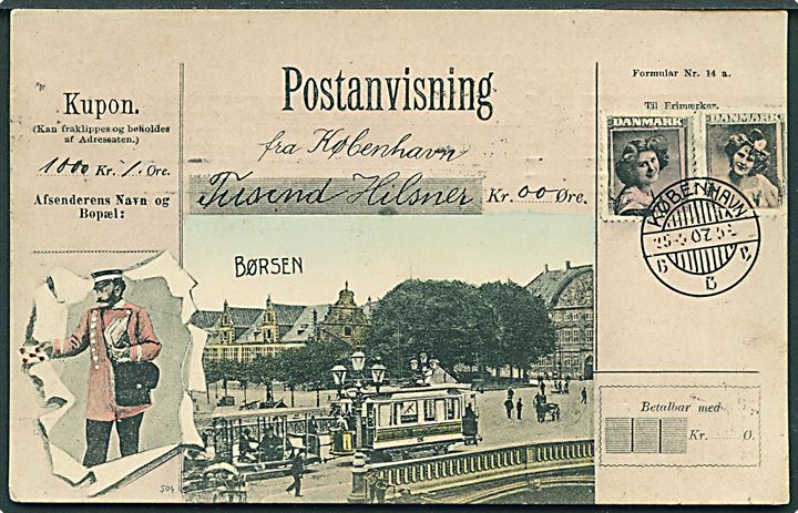 Købh., Postanvisning med “Børsen og sporvogn linie 1 nr. 126”. A. Vincent no. 4049. Kvalitet 7